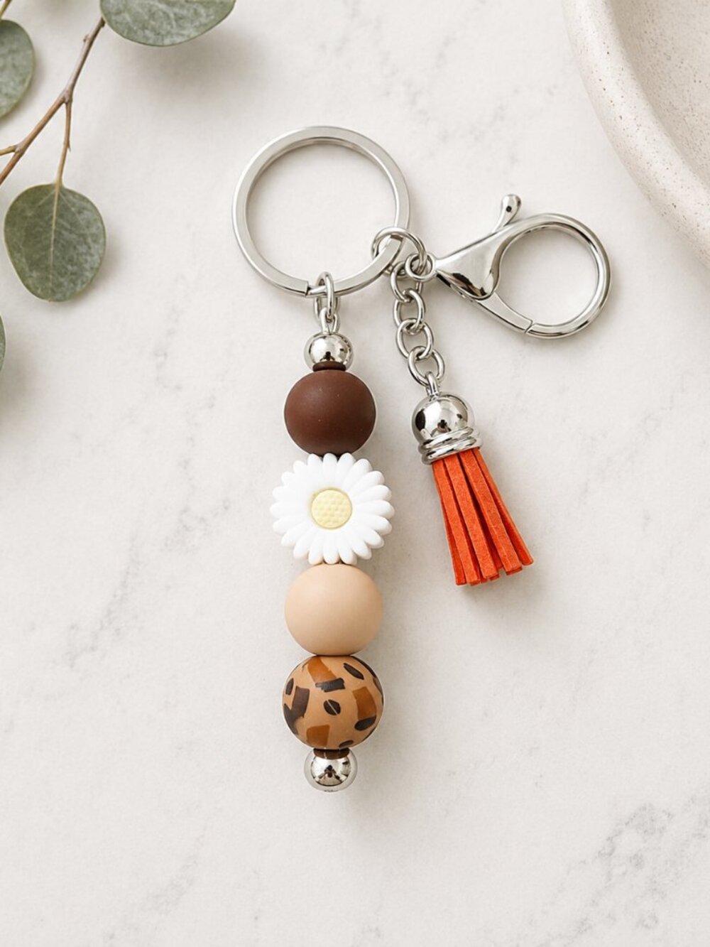 Boho Beaded Keychain, Daisy & Orange Tassel - Empty Nest Club